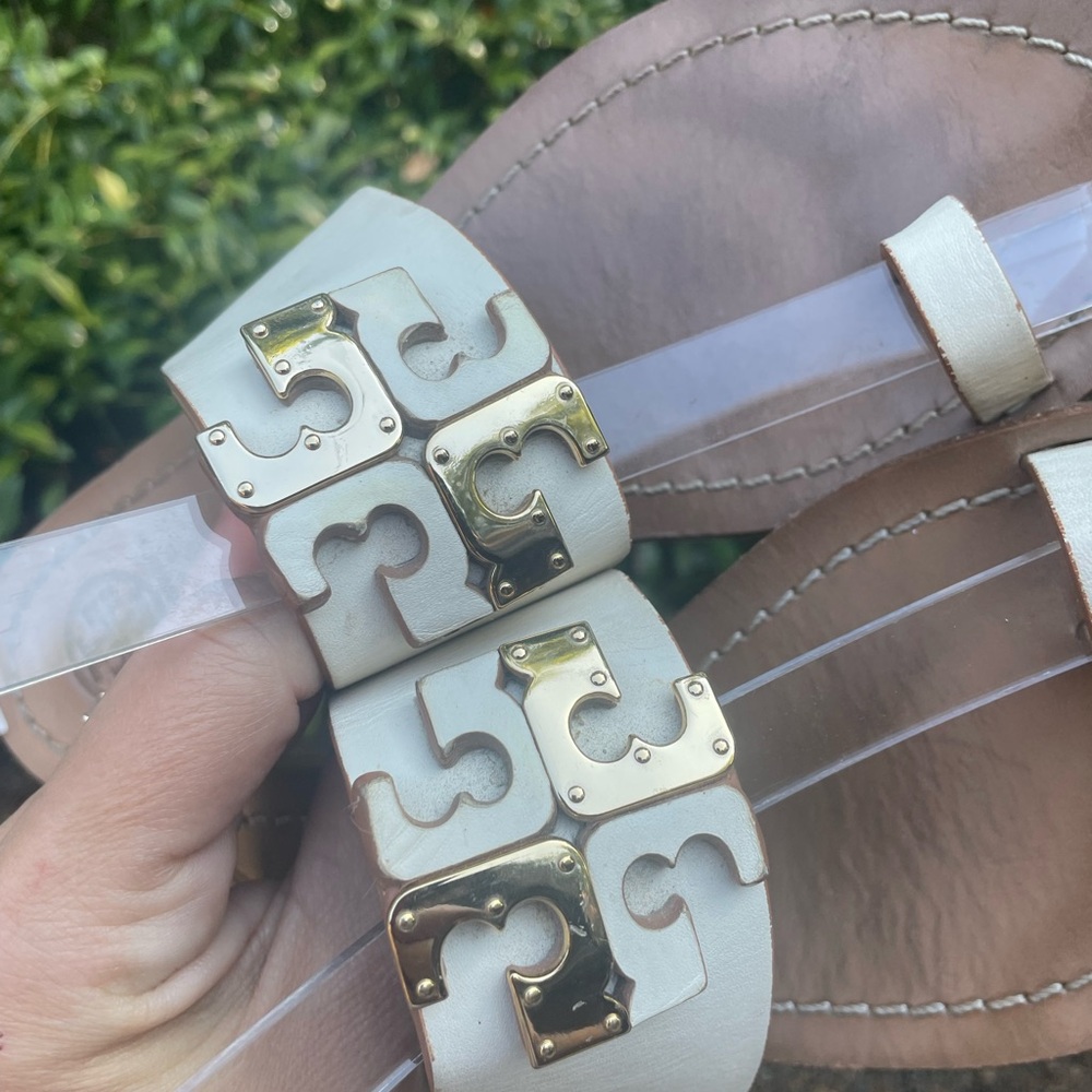 TORY BURCH Marcia Leather Toe Ring Slides Sandals Ivory Gold Size 5.5 - Picture 10 of 13